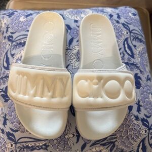 JIMMY CHOO FITZ PUFFED LOGO LYCRA SLIDES/ SANDALS/ WHITE